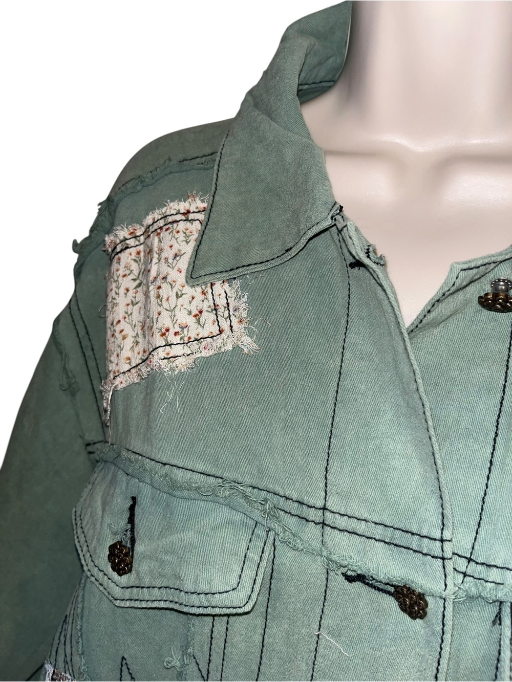 POL L Patchwork Denim Jacket in Sea Grass - Picture 7 of 9